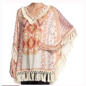 NWT Hiche by Anthropologie Cream / Multi Color Fringe Poncho Blouse